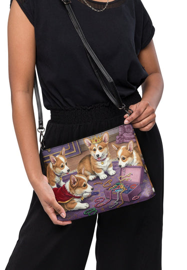 Ladies Pembroke Welsh Corgi Puppy Dog and Crown Jewels Crossbody Purse Clutch Handbag 2 Designs Available