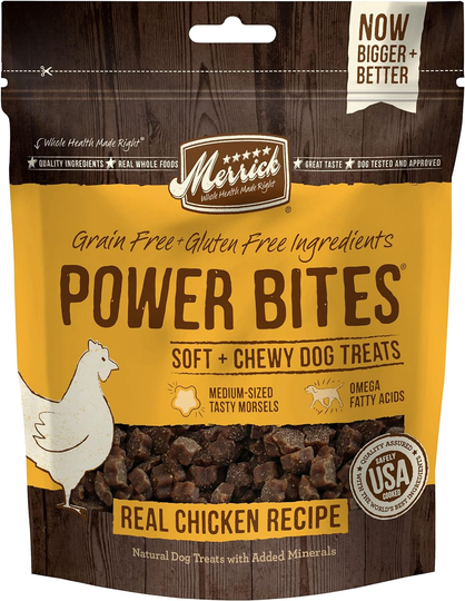 Merrick Power Bites Soft & Chewy Dog Treats, Real Chicken Recipe, Natural Dog Treats Made with Grain Free & Gluten Free Ingredients, 6 oz. Bag