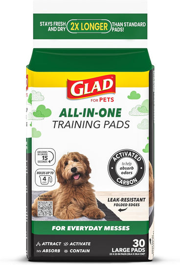 Glad for Pets Puppy Training Potty Pee Pads, great for the Whelping Box, two options; Day to Night Activated Carbon 24 count, Black Charcoal 30 count