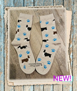 Ladies English Springer Spaniel Puppy Dog Blue Pawprint Beige Socks