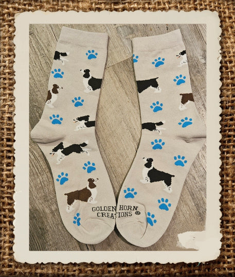 Ladies English Springer Spaniel Puppy Dog Blue Pawprint Beige Socks