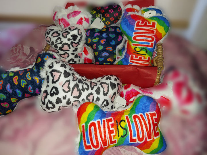 Love Pink Leopard Hearts or Kisses Plush Dog Toy Bones made in the USA