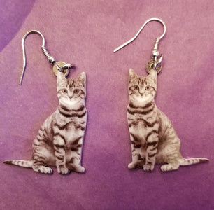 Silver Gray Tabby Cat Kitty Kitten Lightweight Earrings Jewelry