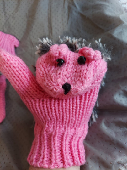 Hot Pink Hedgehog  Animal Ladies Children Mittens