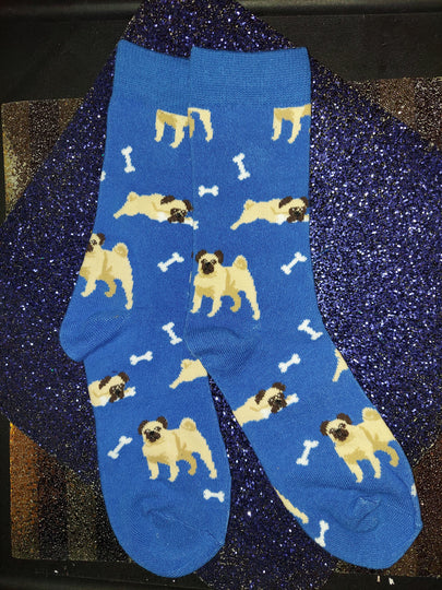 Blue Pug Dog and Bone Ladies Novelty Socks