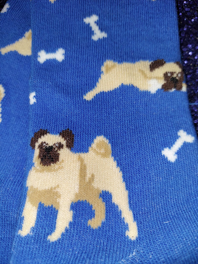 Blue Pug Dog and Bone Ladies Novelty Socks