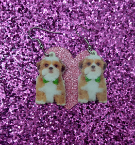 Gold and White Shih Tzu Dog with Puppy Teddy Bear Cut Lightweight Ladies Earrings Jewelry