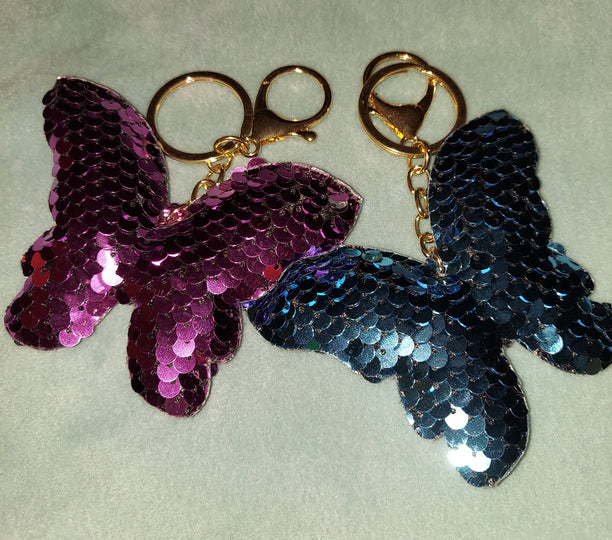 Reversible Sequin Papillion Butterfly Keychain Key Fob Purse Charm pink or blue