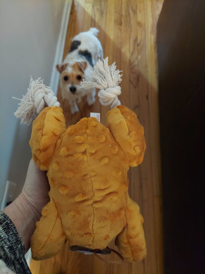 Dinner is Served Plush Stuffed Turkey Dog Toy with Rope Legs and Pumpkin Pie Squeaker.   A Thanksgiving Treat