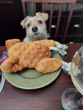 Dinner is Served Plush Stuffed Turkey Dog Toy with Rope Legs and Pumpkin Pie Squeaker.   A Thanksgiving Treat