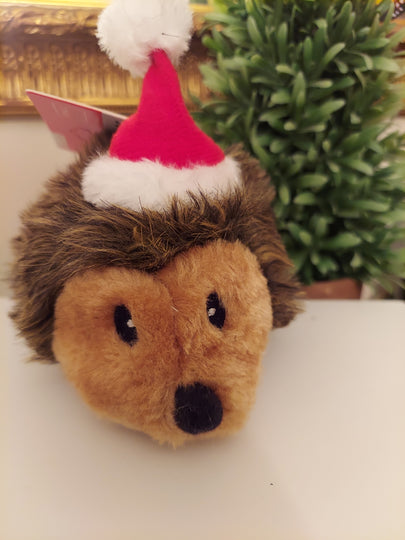 Small Christmas Holiday Hedgehog Plush Dog Toy with Santa Claus Hat