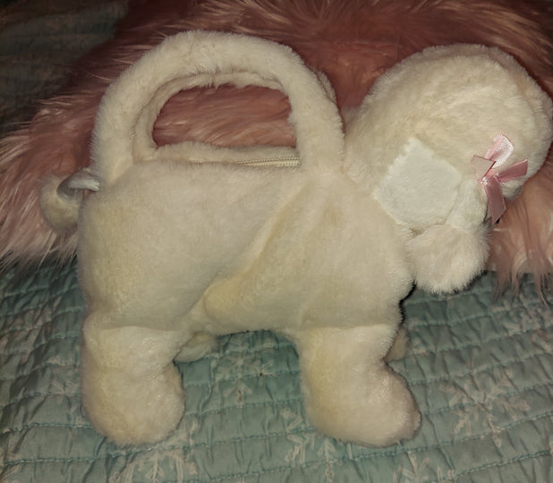 Pretty White Toy Poodle Dog Plush Handbag Purse Zippered Top Children Toy