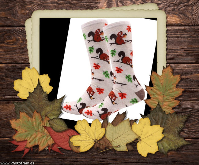 Autumn Acorn with Squirrel Fun Fall Ladies Crew Socks