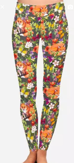 Floral Red Fox Wildlife Ladies Leggings Perfect For Agility