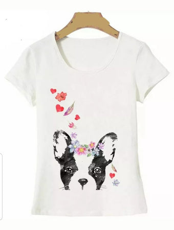 Boston Terrier French Bulldog Dog with Flowers Ladies T-Shirt