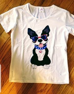 All American Boston Terrier Dog with Cool Shades Ladies T-Shirt