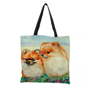 Pretty Puppy Pomeranian Dog Linen Tote Bag Purse