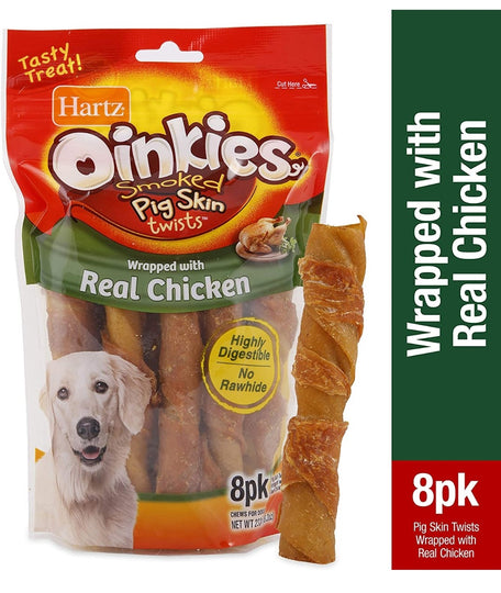 Hartz Oinkies Smoked Pig Skin Twist Dog Treats Wrapped with Real Chicken, Natural Dog Treats, No Rawhide