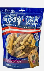 Pet Factory Beef and Chicken Assorted Flavored Rawhide Chip Rolls, 5-Inch, 18 Per Pack Dog Treats